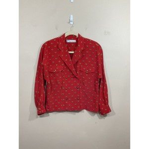 VTG Womens Boxy Crown Print Double Breasted Button Up Shirt 16 Red 80s 90s Retro